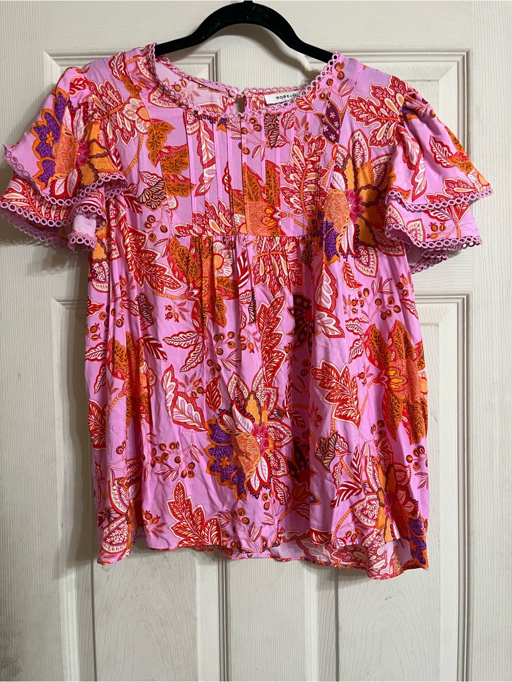 Rose & Olive Pink Floral Flutter-Sleeve Peasant Blouse